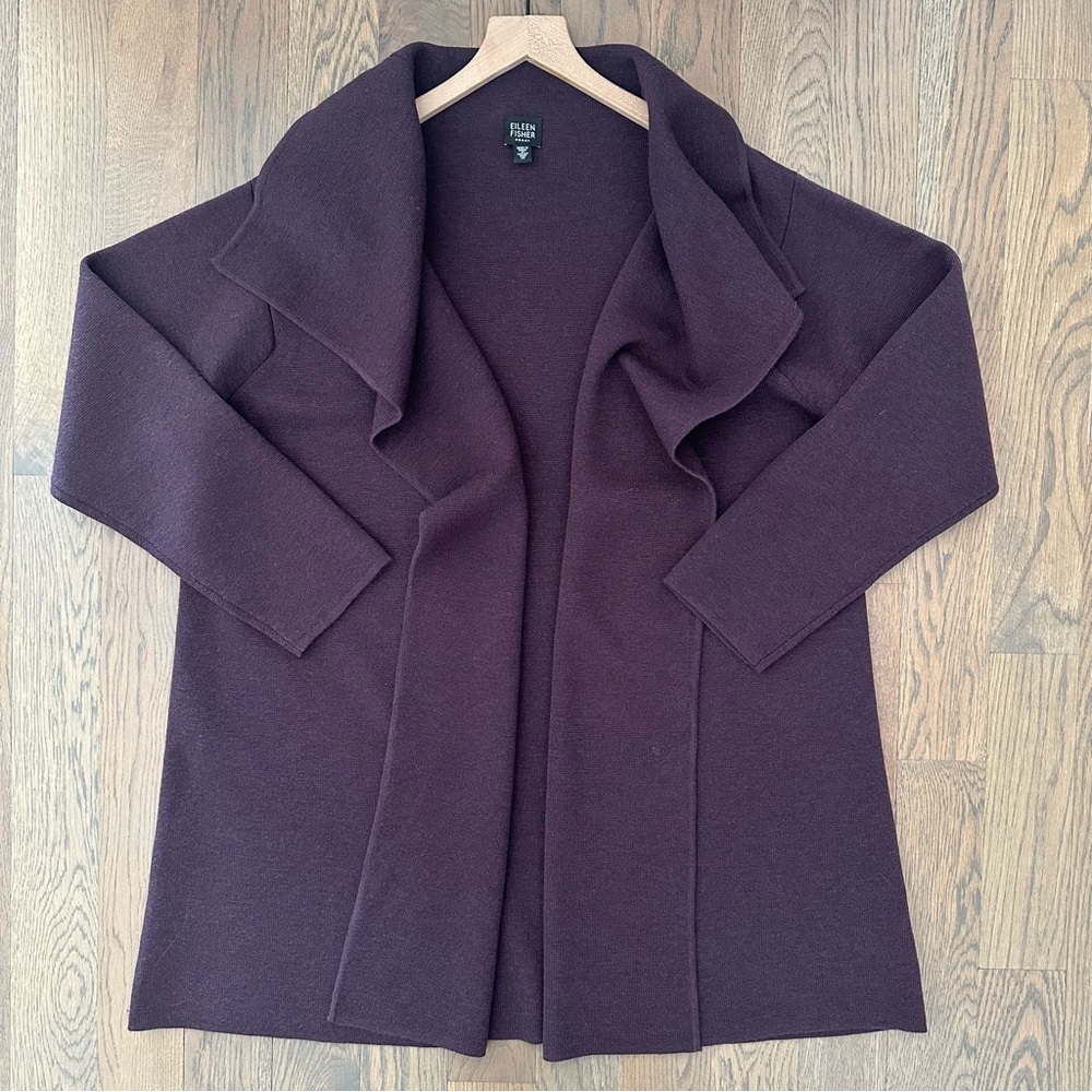 Eileen Fisher Woman Draped 100% Wool Open Cardigan Sweater in Eggplant Purple 1X